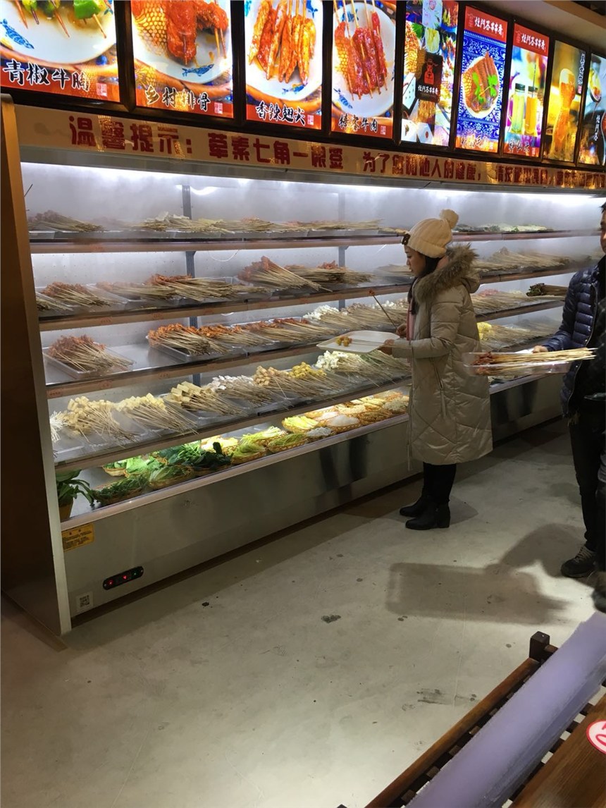 定做火鍋串串不銹鋼展示柜 帶噴霧加濕功能風(fēng)幕柜